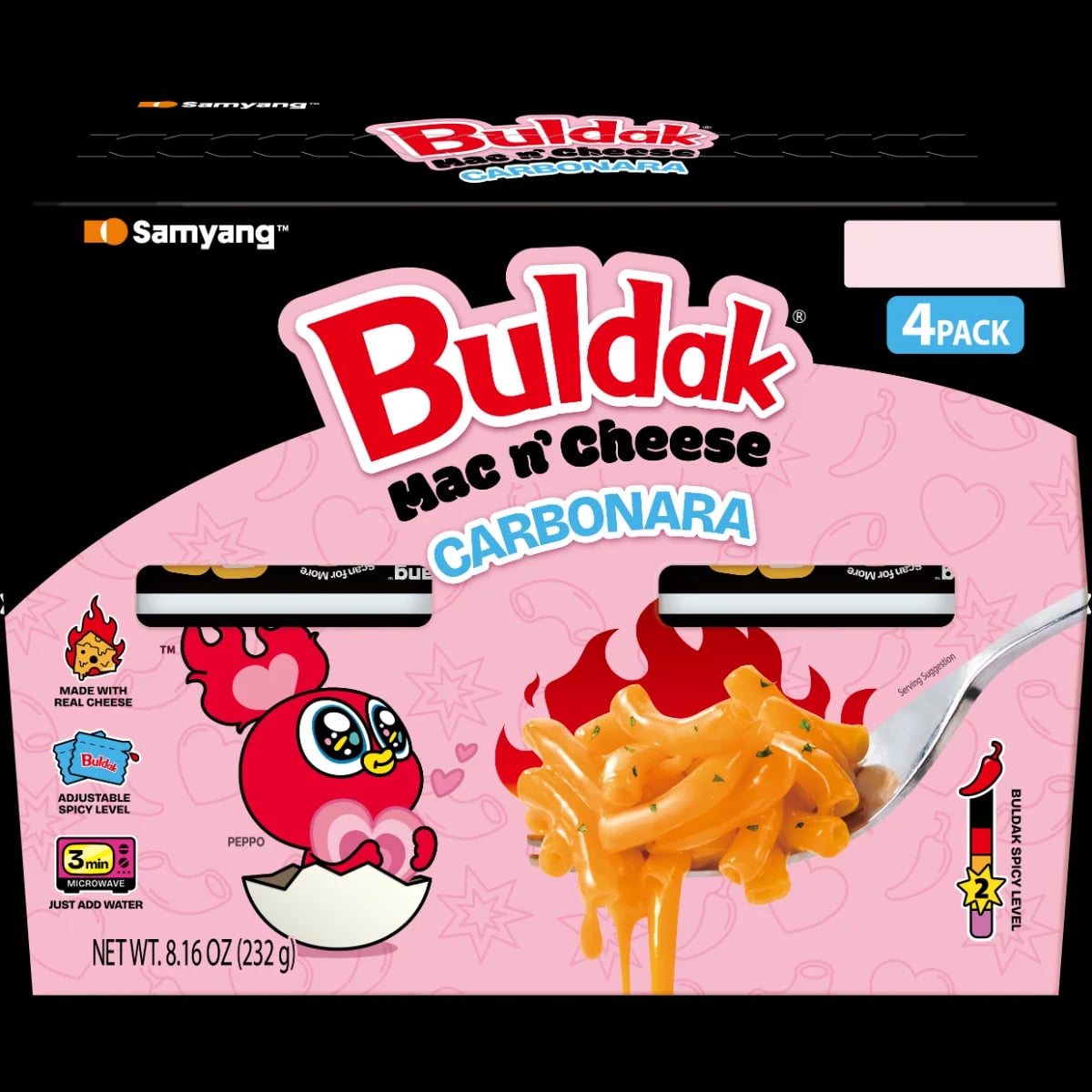 Buldak Mac & Cheese Carbonara 4-Cup Pack packaging