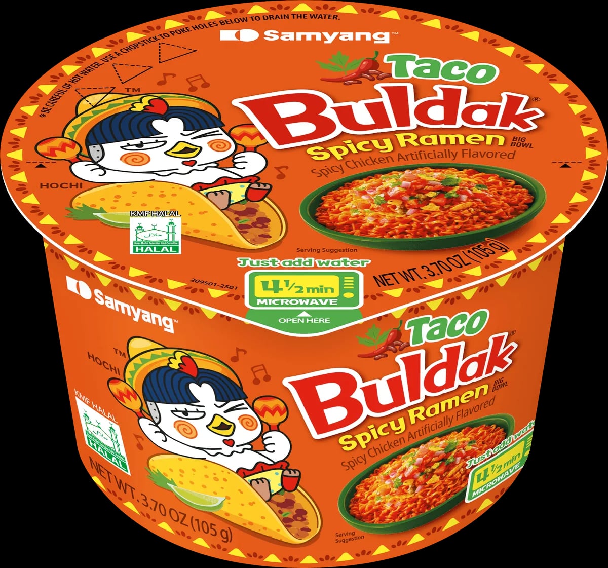 Buldak Taco Hot Chicken Flavour Ramen Big Bowl 105 g packaging