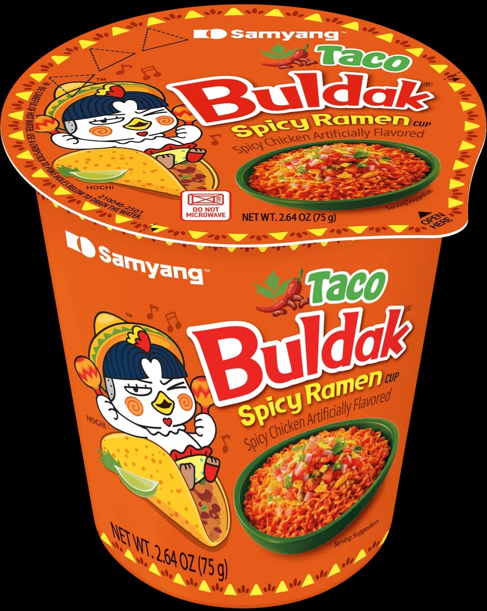 Buldak Taco Hot Chicken Flavour Ramen Cup 75 g packaging