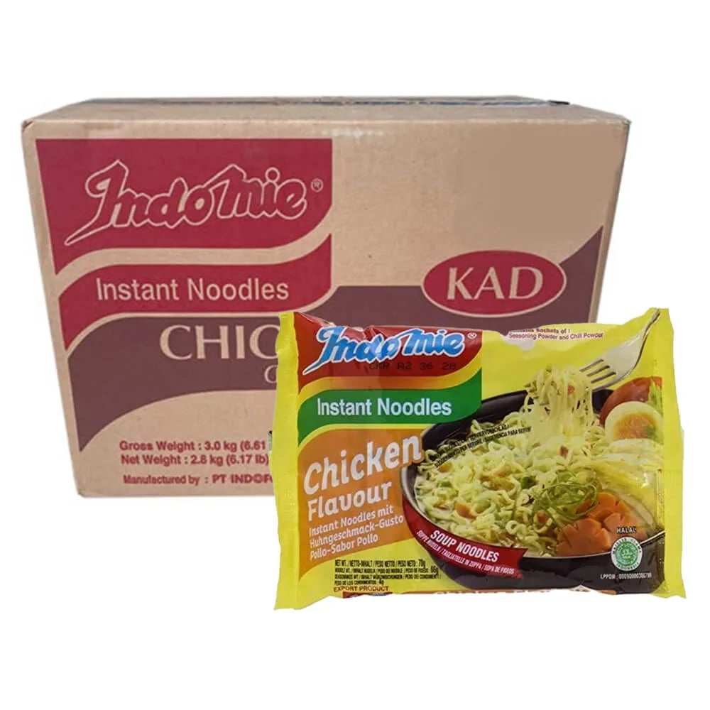 Indomie Chicken Flavour soup noodles packet in front of its outer carton